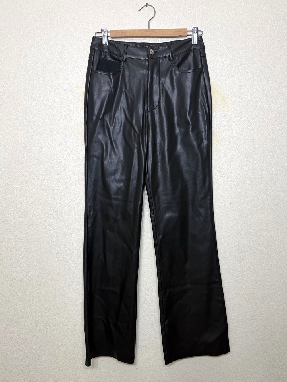 Tiger Mist Black Faux Leather Pants Straight Leg Raw Hem Size M